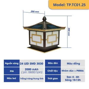 Đèn trụ cổng mái ngói nâng cấp năng lượng mặt trời (TP.TC01.25/ TP.TC01.30.)